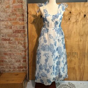 Sleeveless Chiffon Blue Floral Print Cocktail Party Corset Dress Sz M